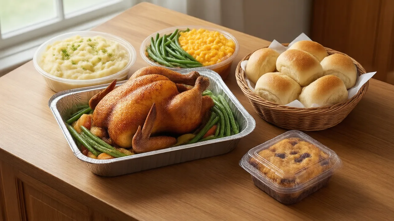 A family-size takeout bundle on a kitchen counter: a foil tray of roast chicken, containers of sides, bread, and a dessert box ready for pickup in warm light